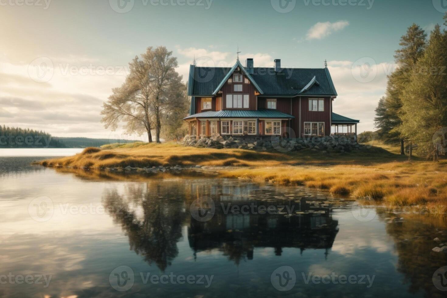 a small house sits on the shore of a lake photo