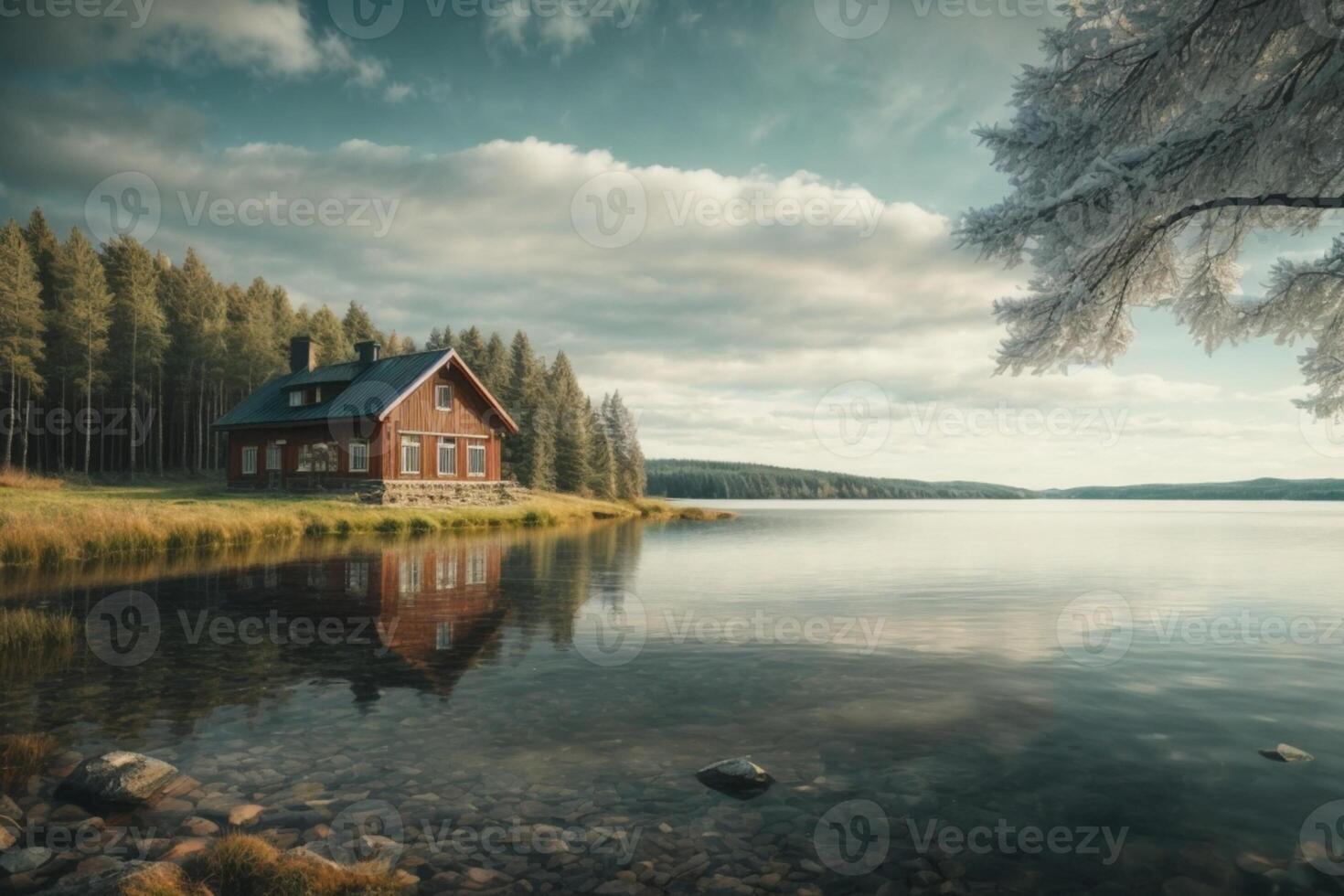 a small house sits on the shore of a lake photo