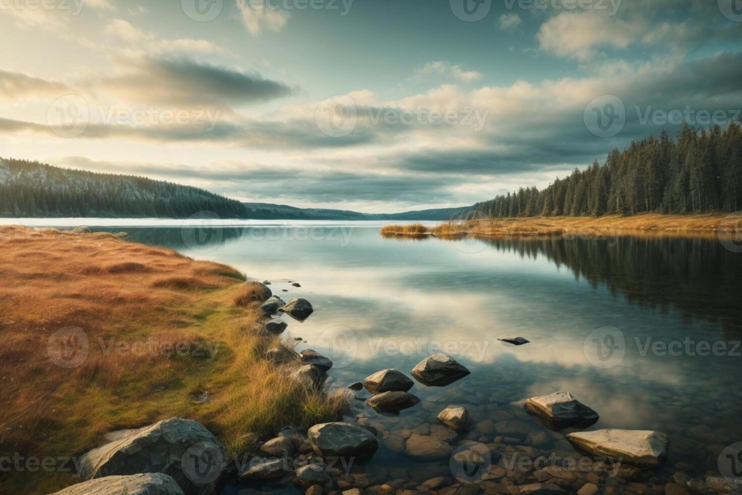 a lake surrounded by trees and grass at sunrise photo