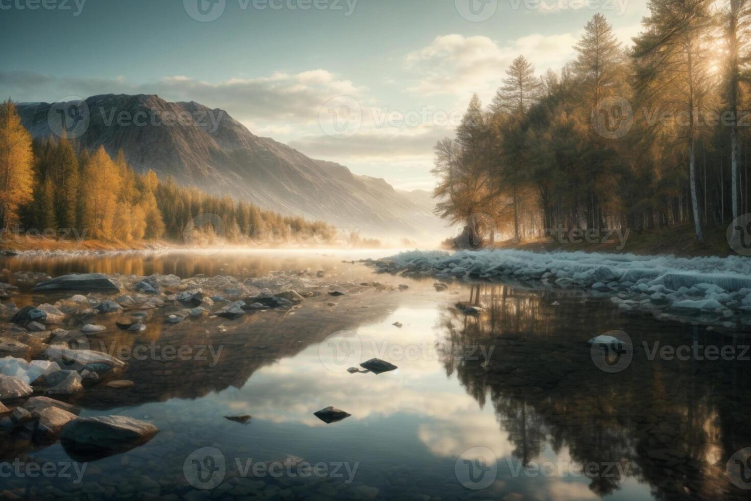 a lake surrounded by trees and grass at sunrise photo