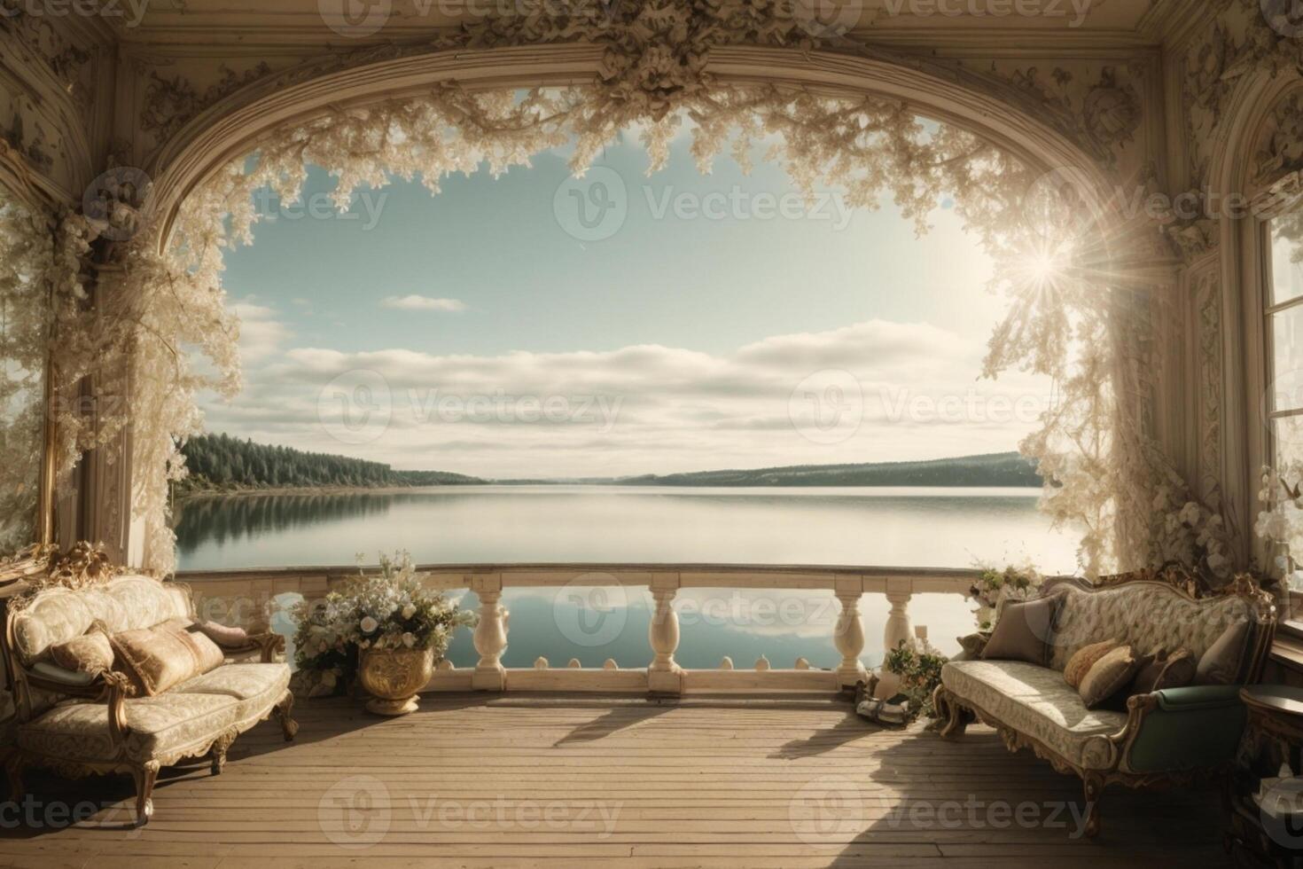 a room with a view of the lake and the sun photo