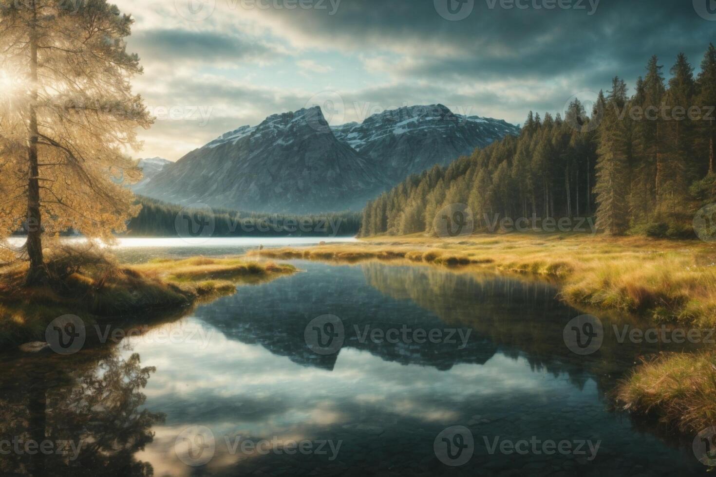 a lake surrounded by trees and grass at sunrise photo