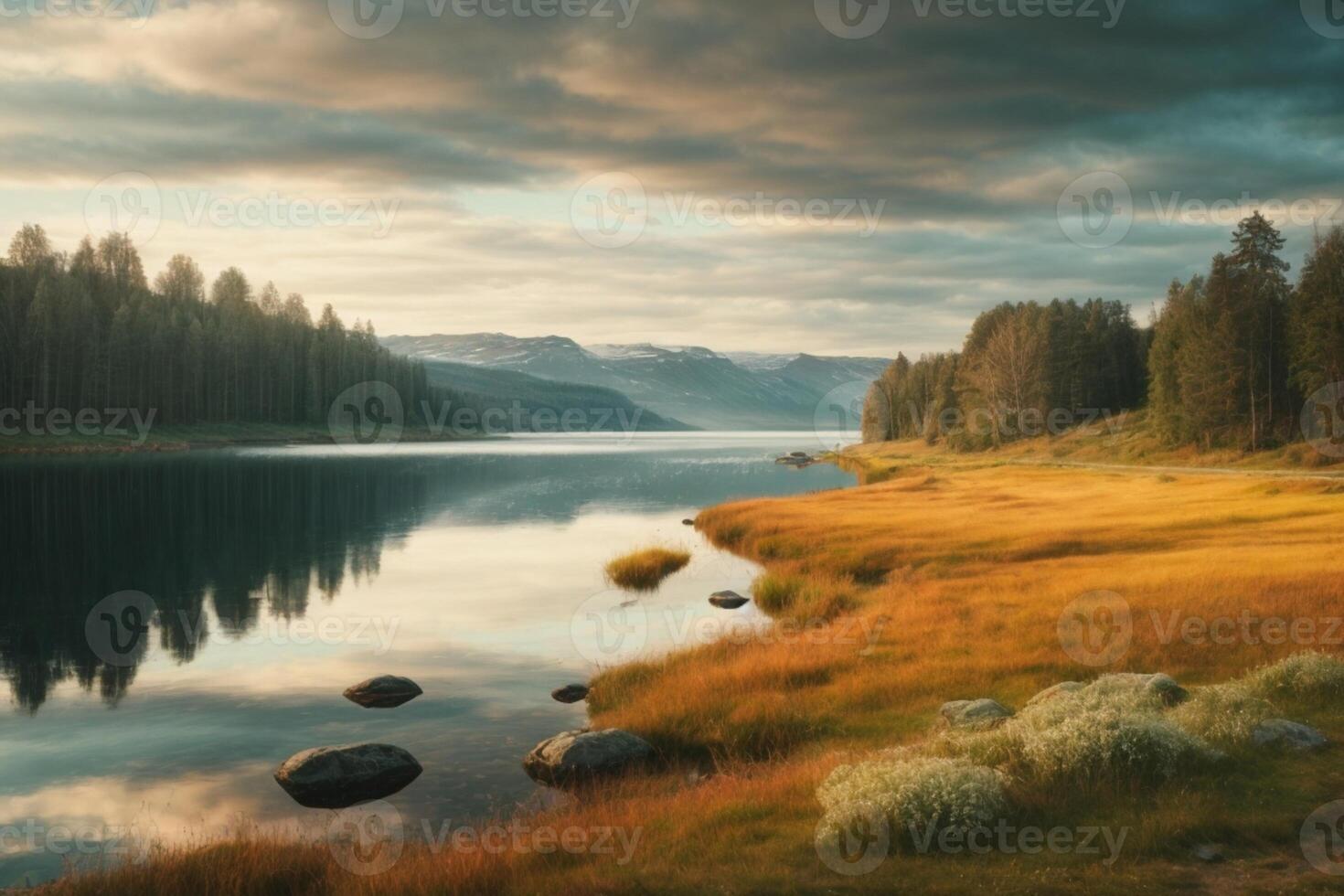 a lake surrounded by trees and rocks photo