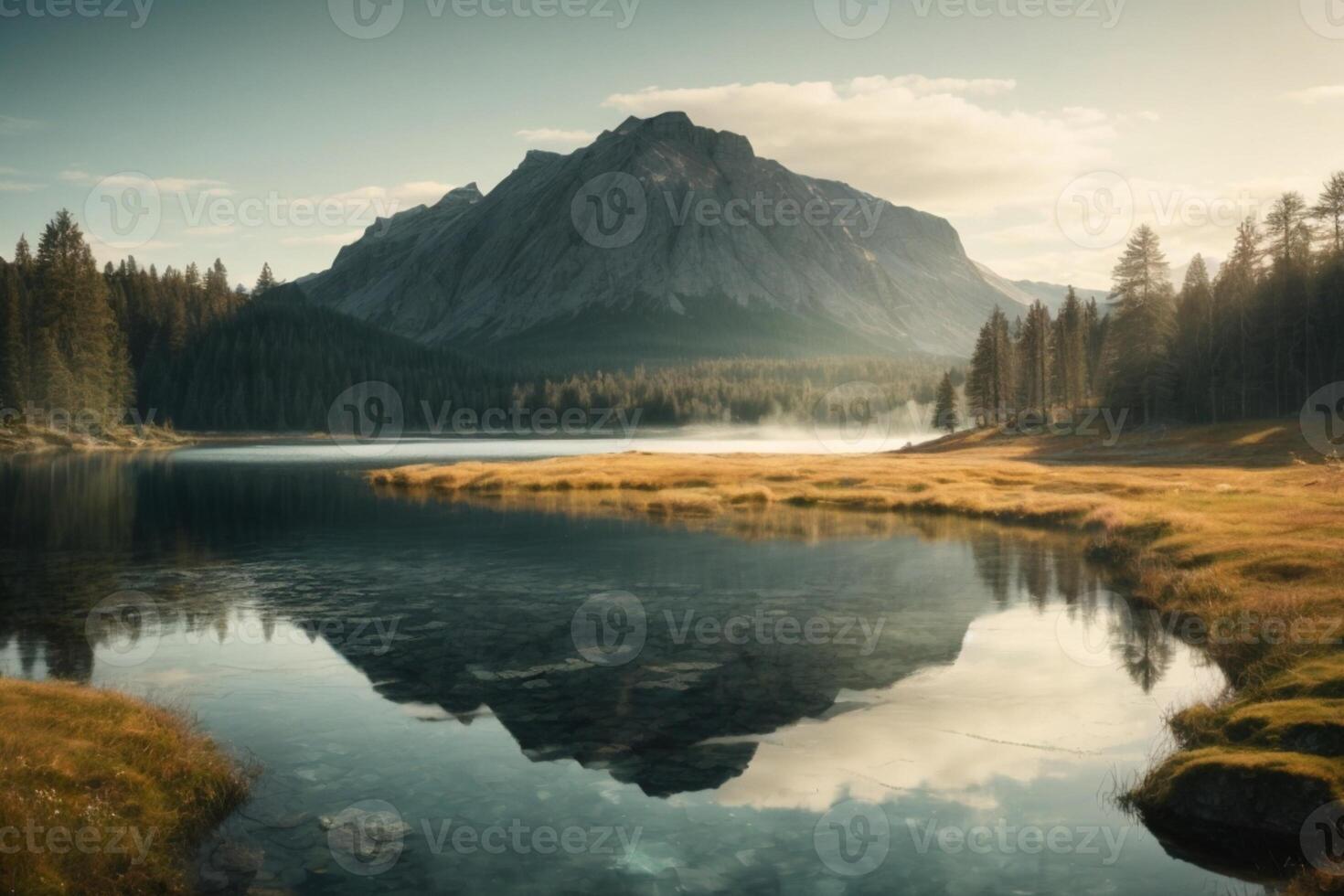 a lake surrounded by trees and rocks photo