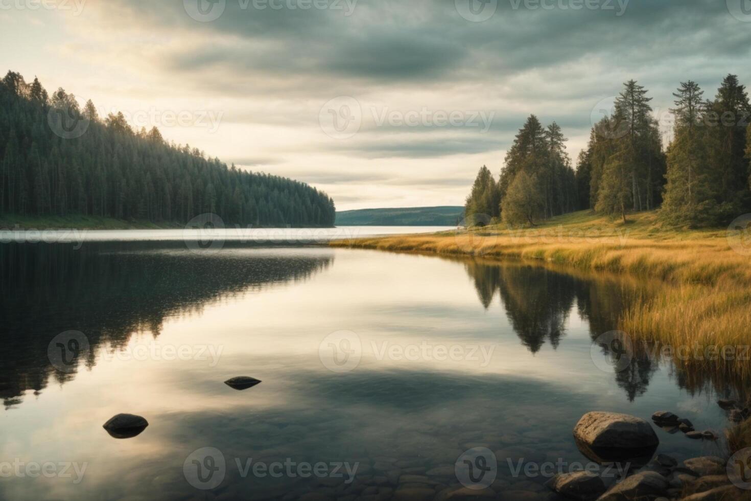 a lake with rocks and trees at sunset photo