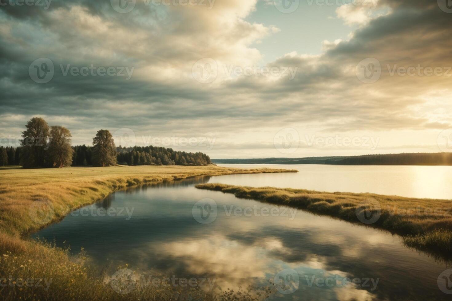 a lake with rocks and trees at sunset photo