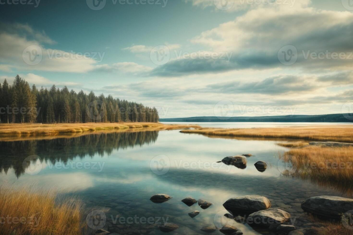 a lake surrounded by trees and grass under a cloudy sky photo