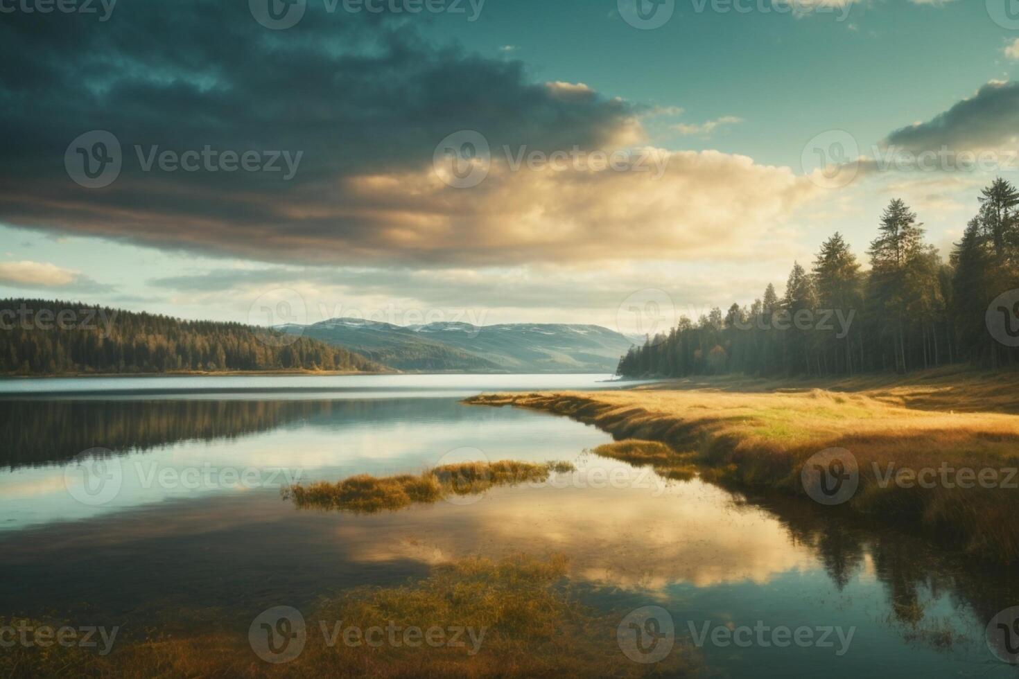 a lake surrounded by trees and grass under a cloudy sky photo