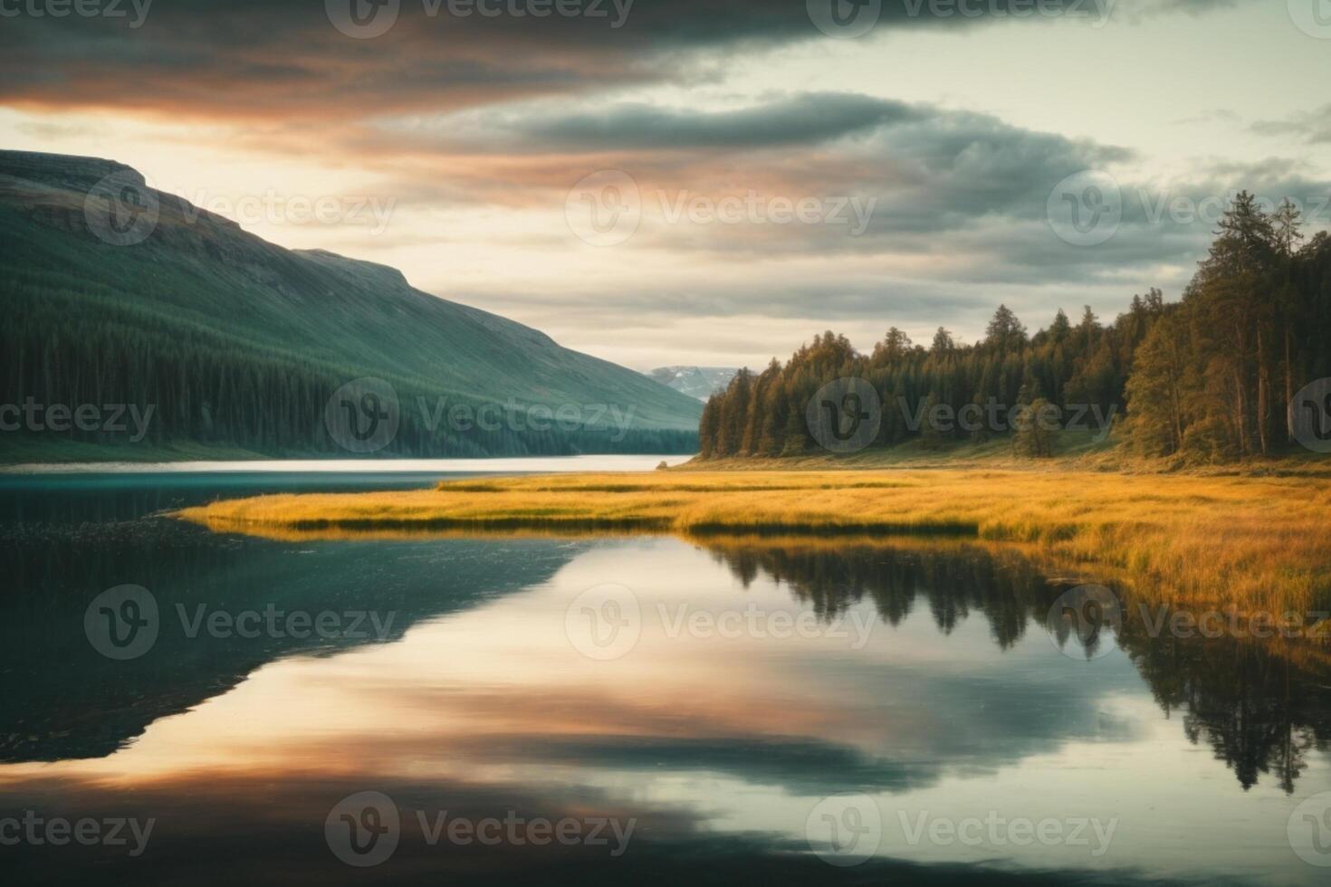 a path leads to a lake and mountains in the background photo