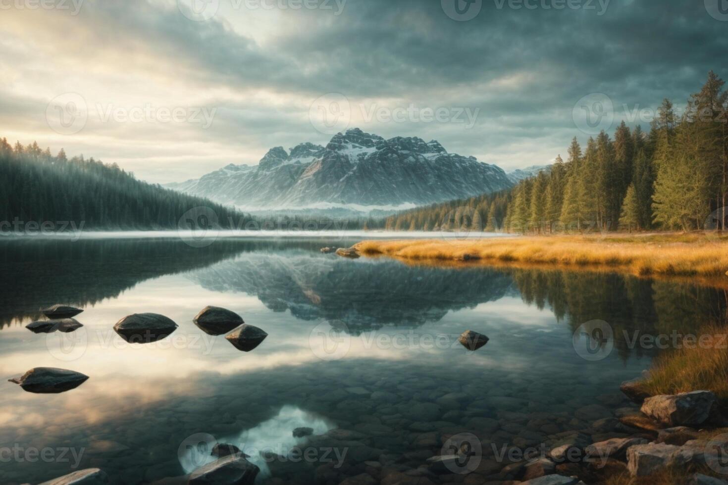 a path leads to a lake and mountains in the background photo