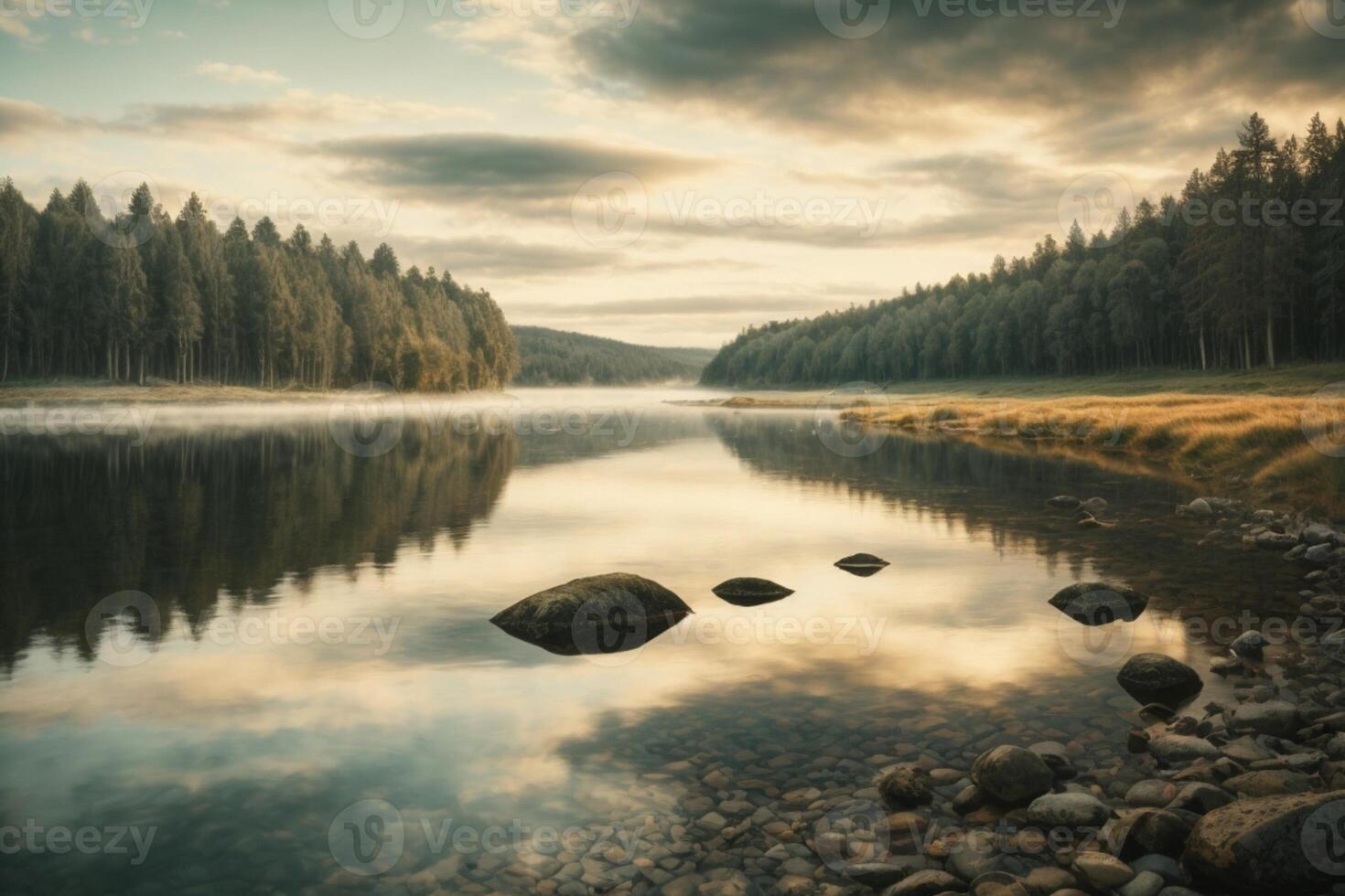 a lake with trees and a cloudy sky photo