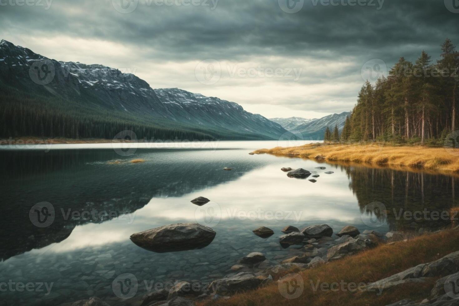 a lake with trees and a cloudy sky photo