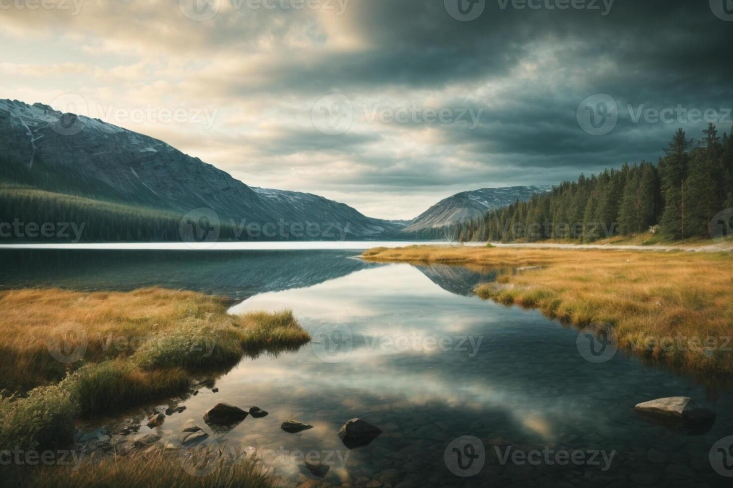 a lake with trees and a cloudy sky photo