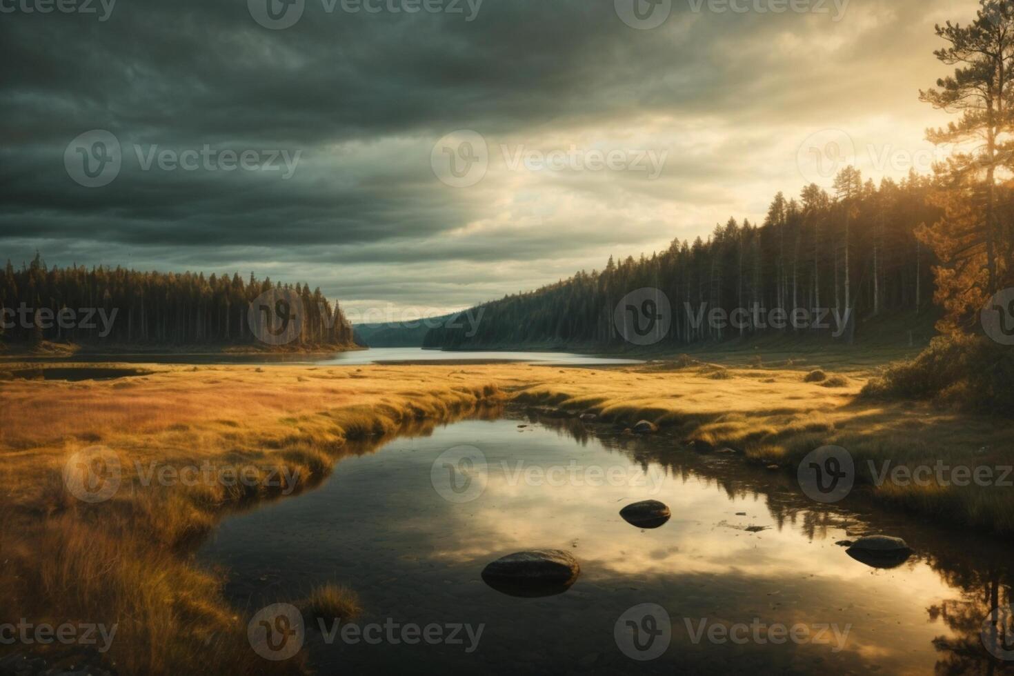 a lake with trees and a cloudy sky photo