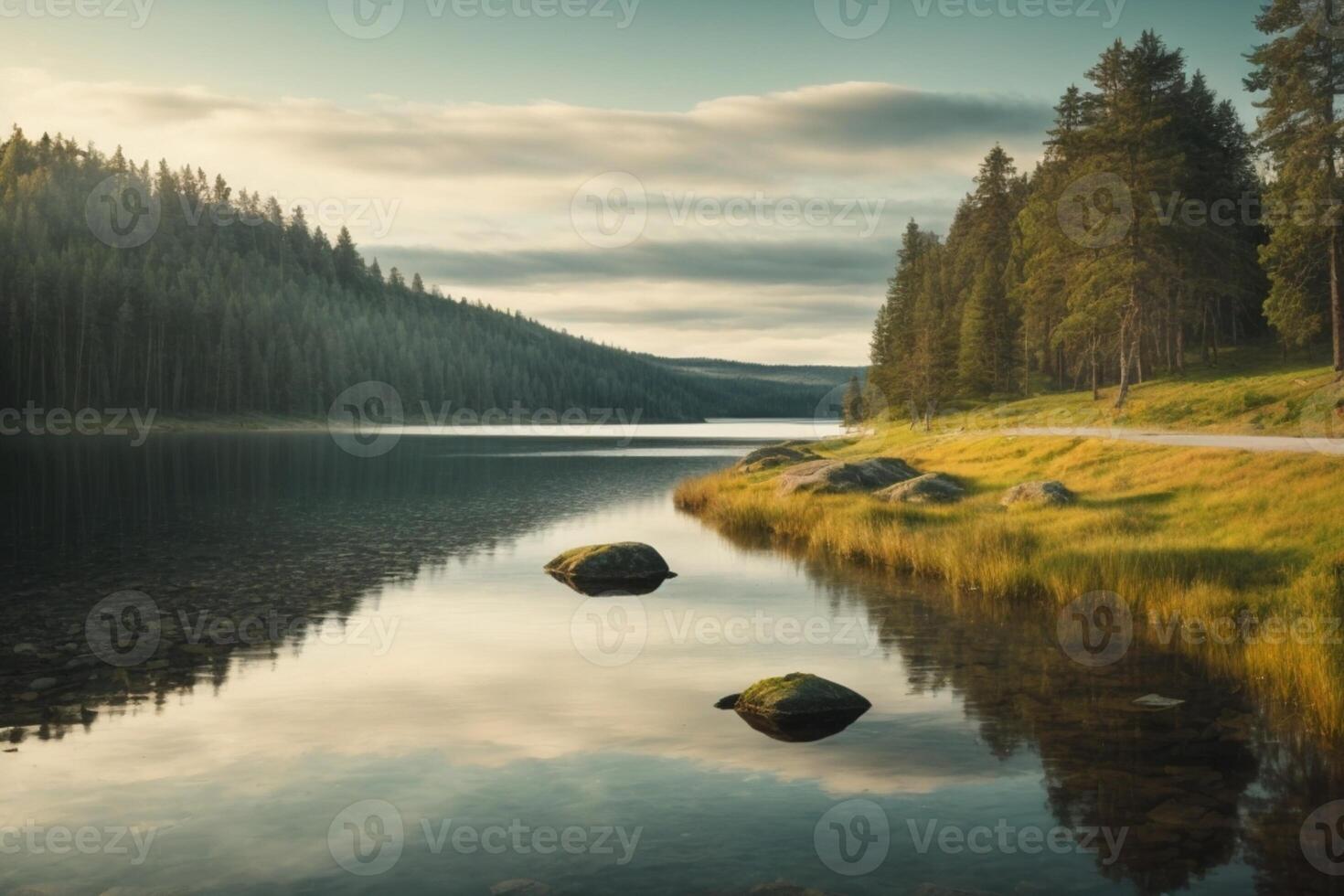 a lake with trees and a cloudy sky photo