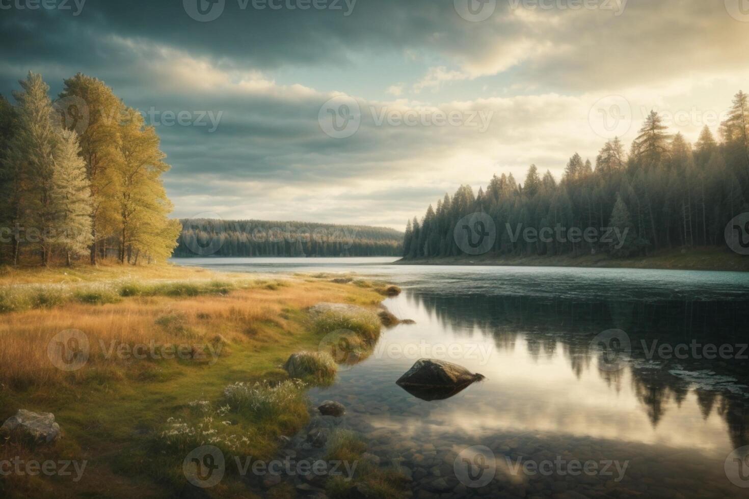 un montaña lago rodeado por césped y arboles foto