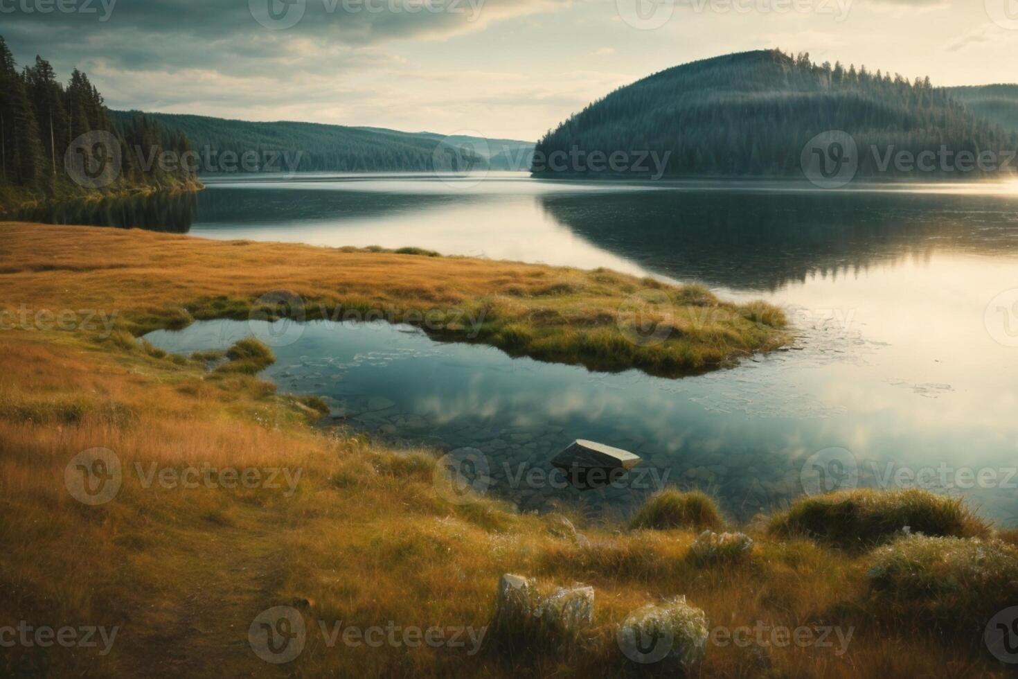 a mountain lake surrounded by grass and trees photo