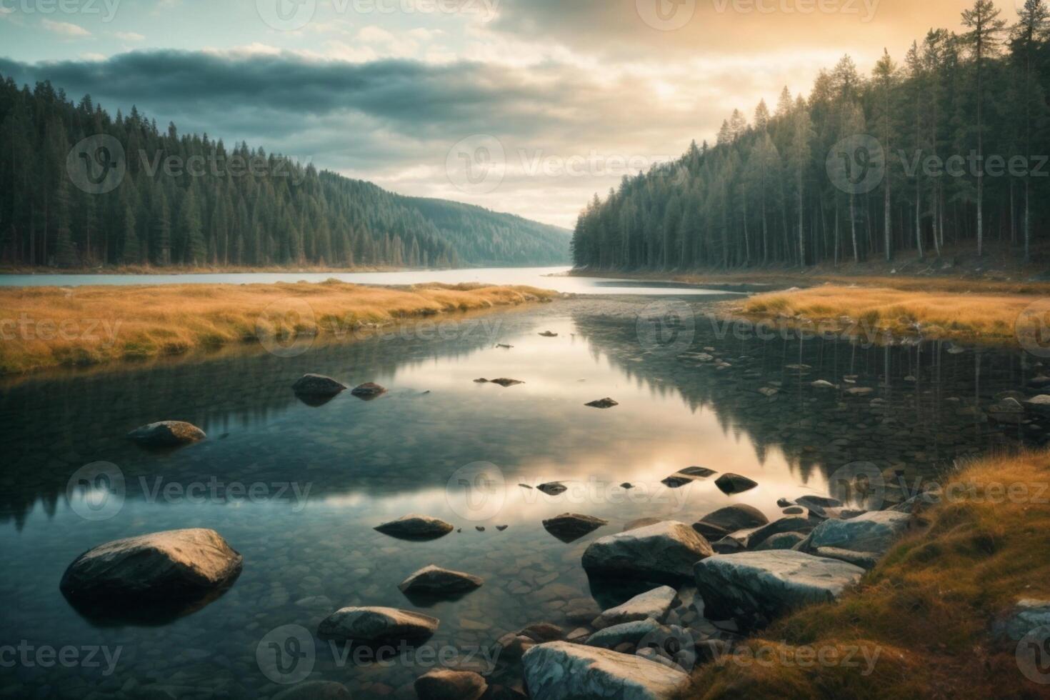 a mountain lake surrounded by grass and trees photo