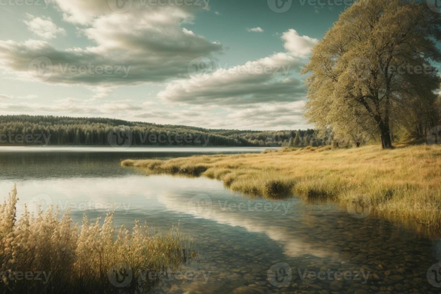 a lake with rocks and trees in the foreground photo