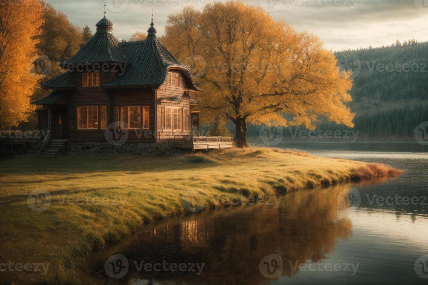 un pequeño de madera casa se sienta en el apuntalar de un lago foto