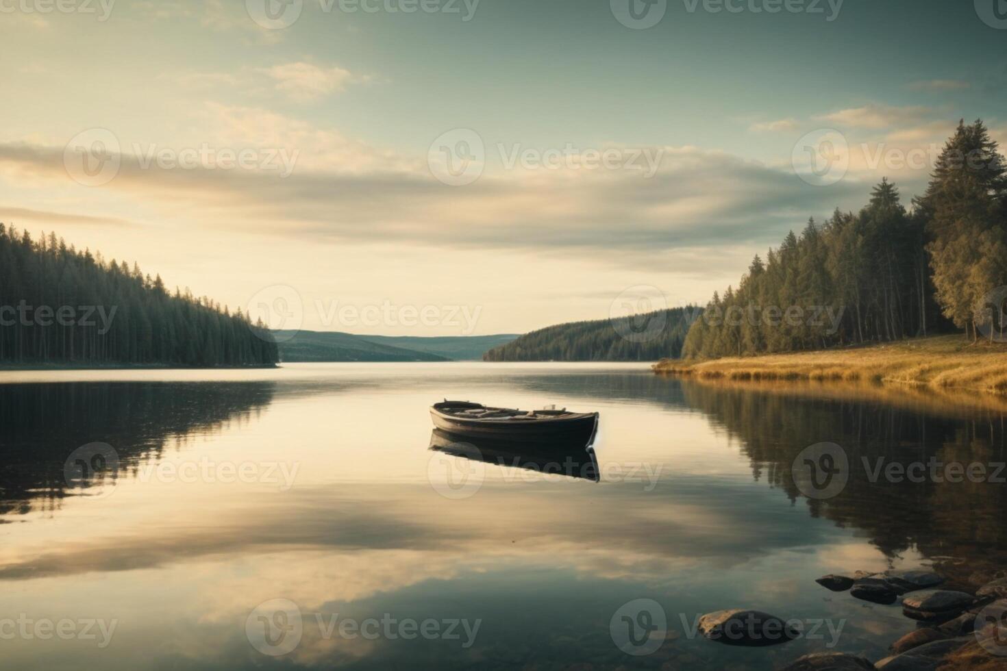 a boat sits on the shore of a lake photo