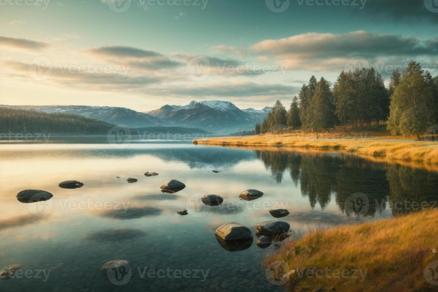 a mountain and lake are reflected in the water photo