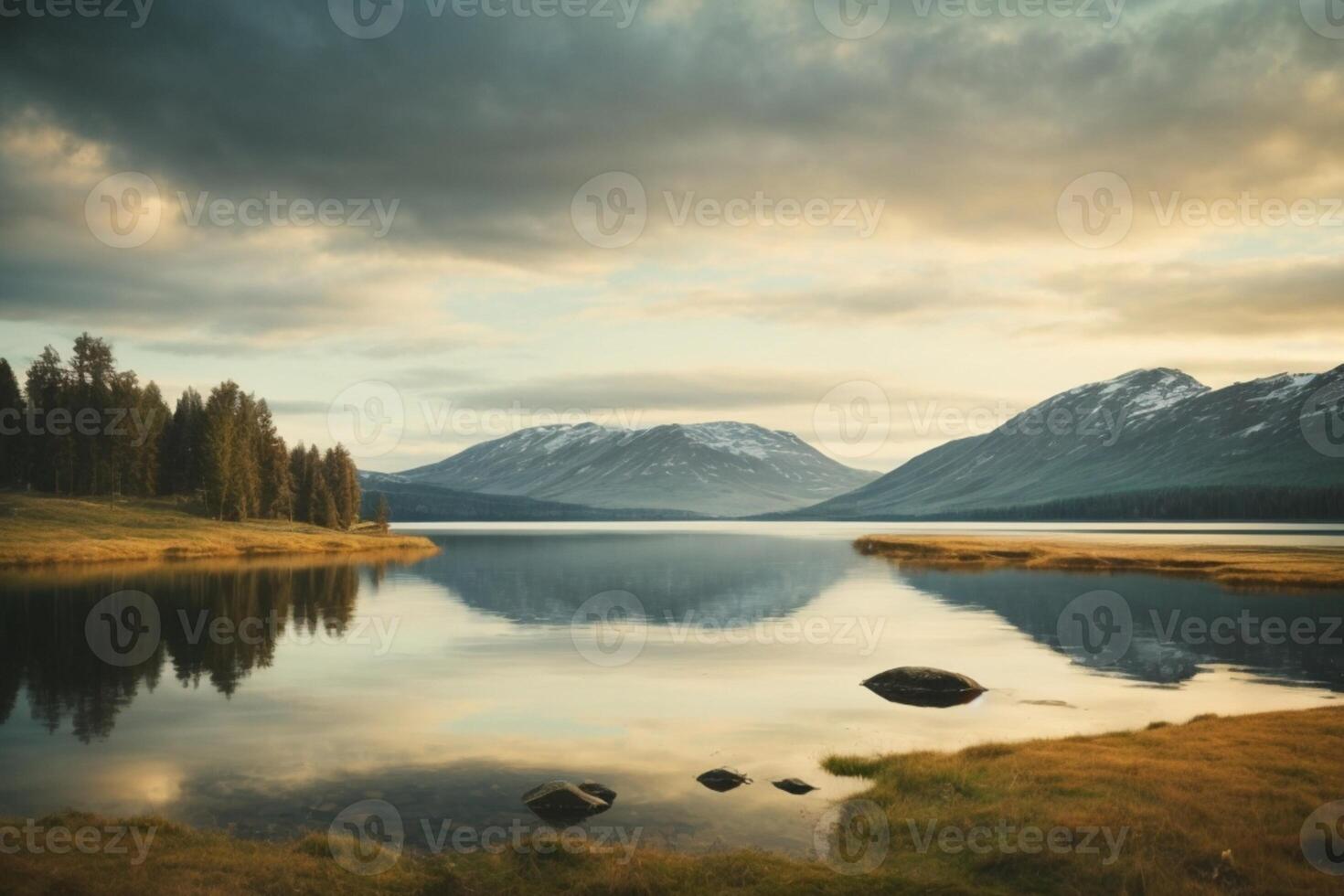 a mountain and lake are reflected in the water photo