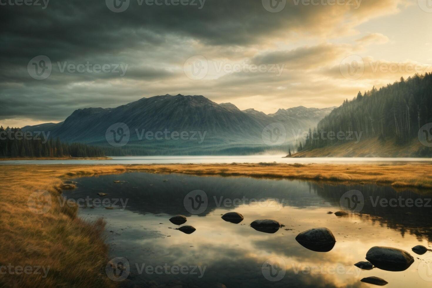 autumn landscape with trees and rocks in the water photo