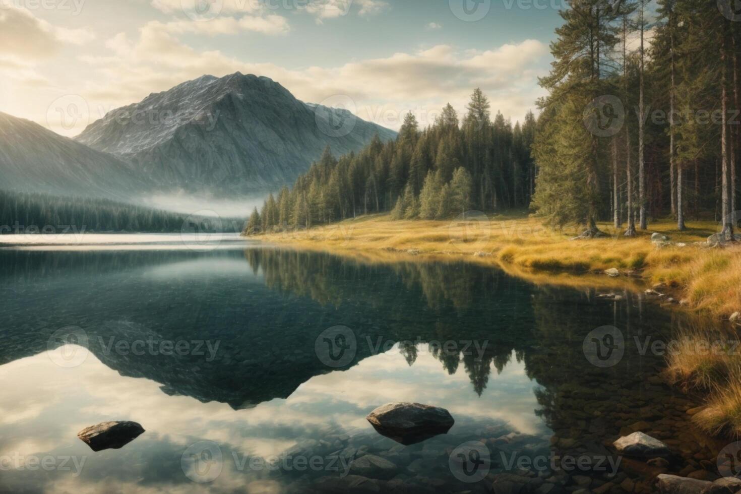 a lake surrounded by trees and rocks photo