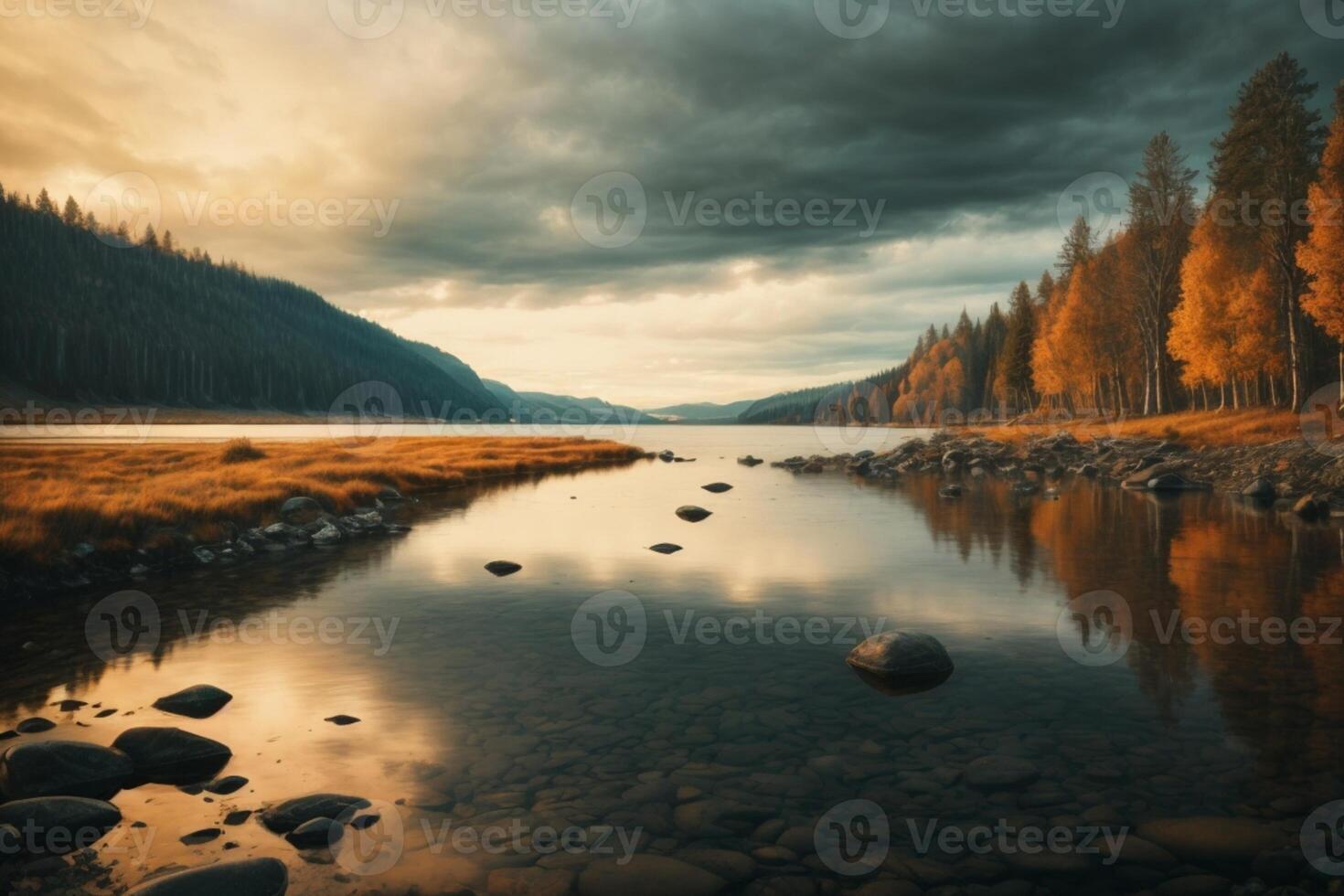 a lake surrounded by trees and rocks photo