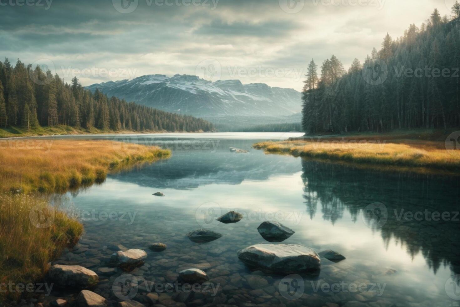 a lake surrounded by trees and rocks photo