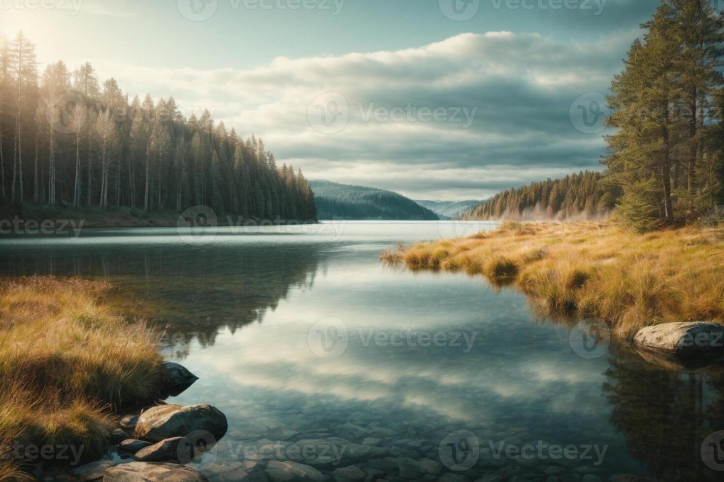 a lake surrounded by trees and rocks photo