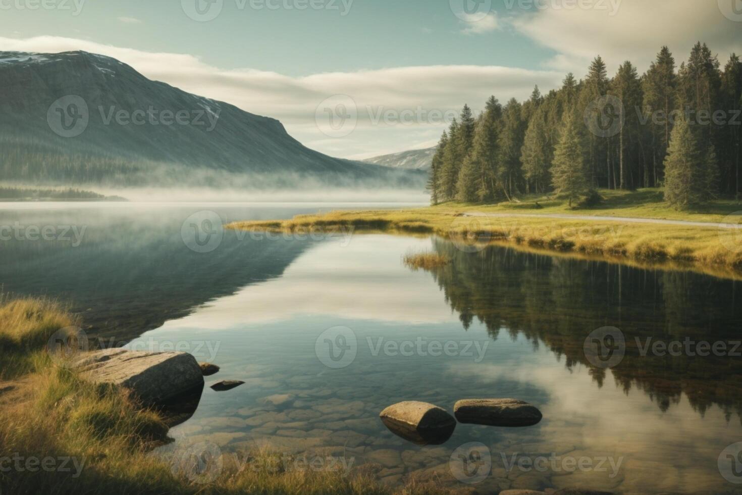 a lake surrounded by trees and a sunset photo