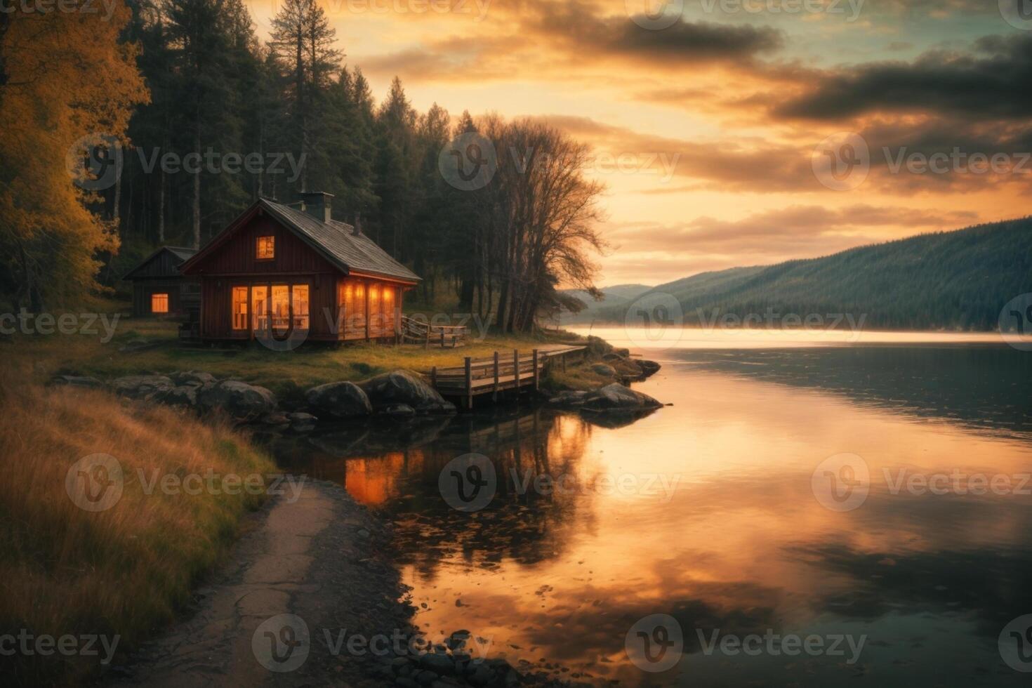 a house sits on the shore of a lake photo