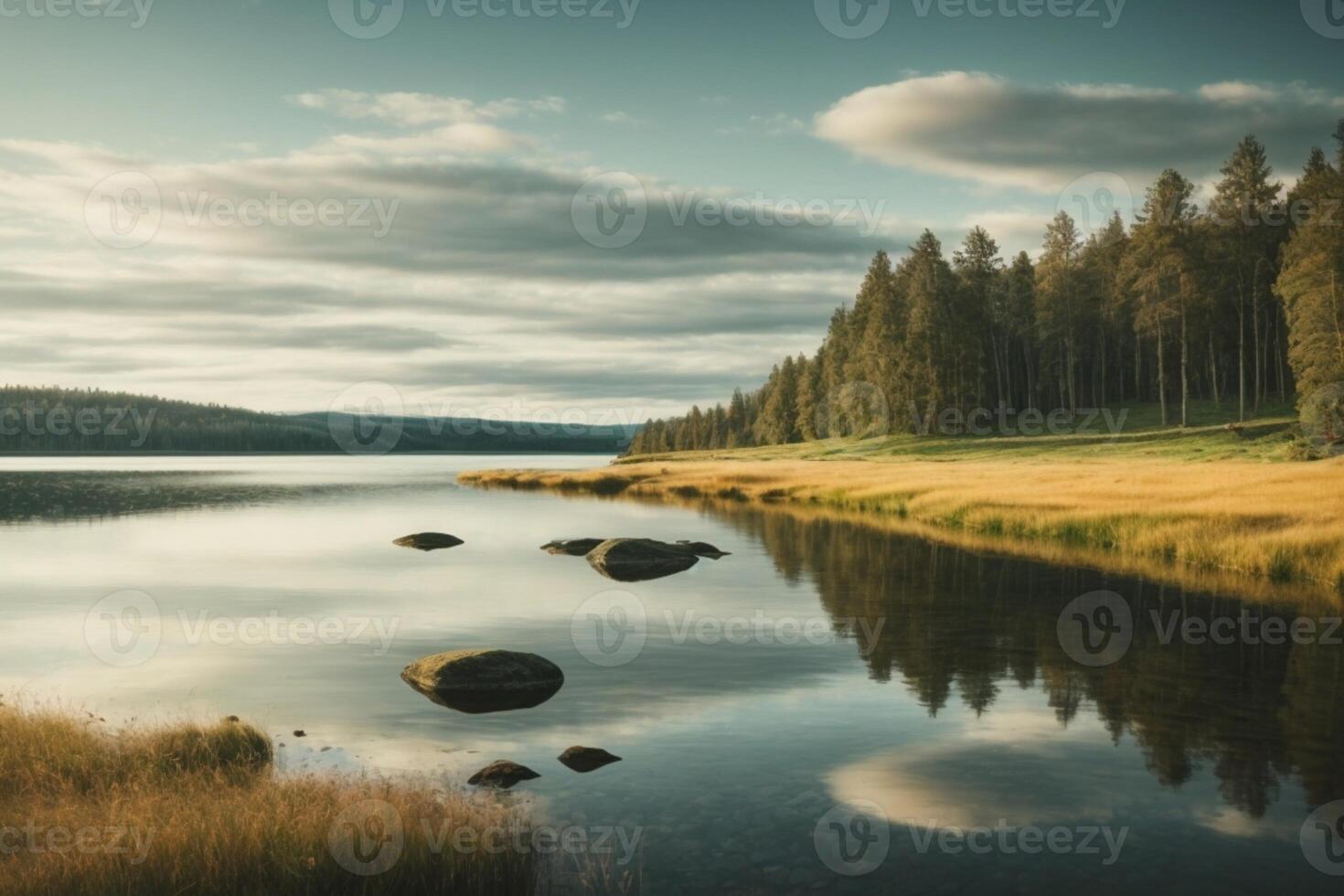 a lake with rocks and trees in the foreground photo