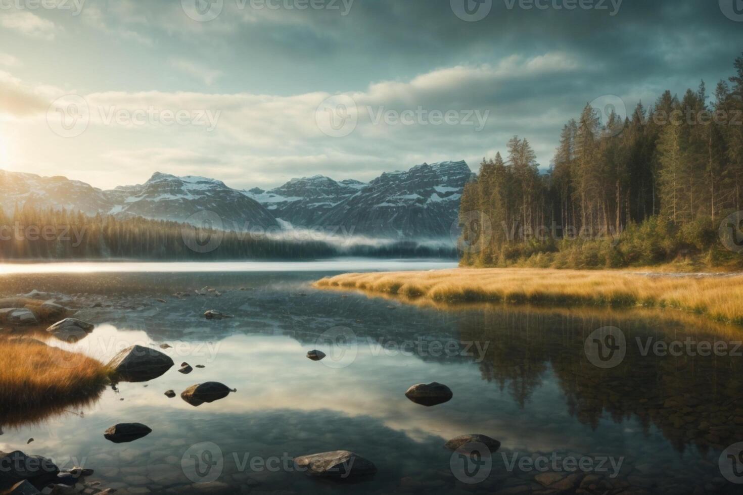 a lake surrounded by trees and a cloudy sky photo