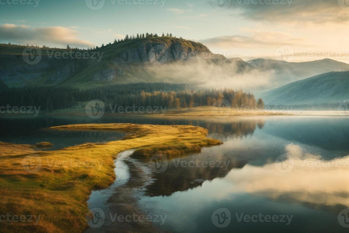 un lago rodeado por arboles y un nublado cielo foto