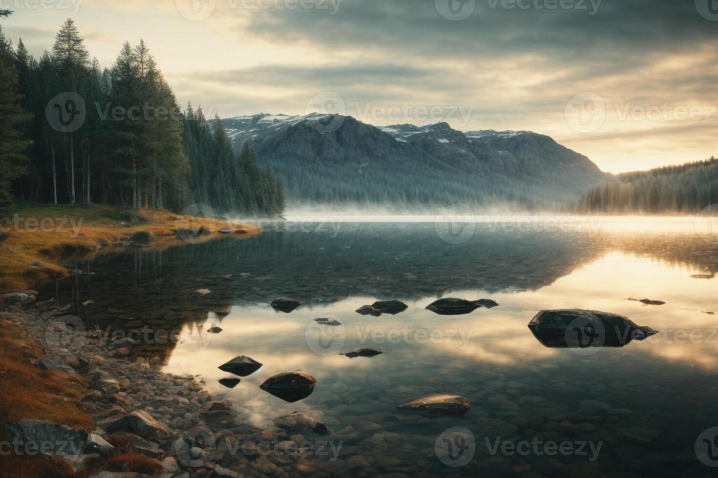 a lone tree stands on a small island in a lake photo