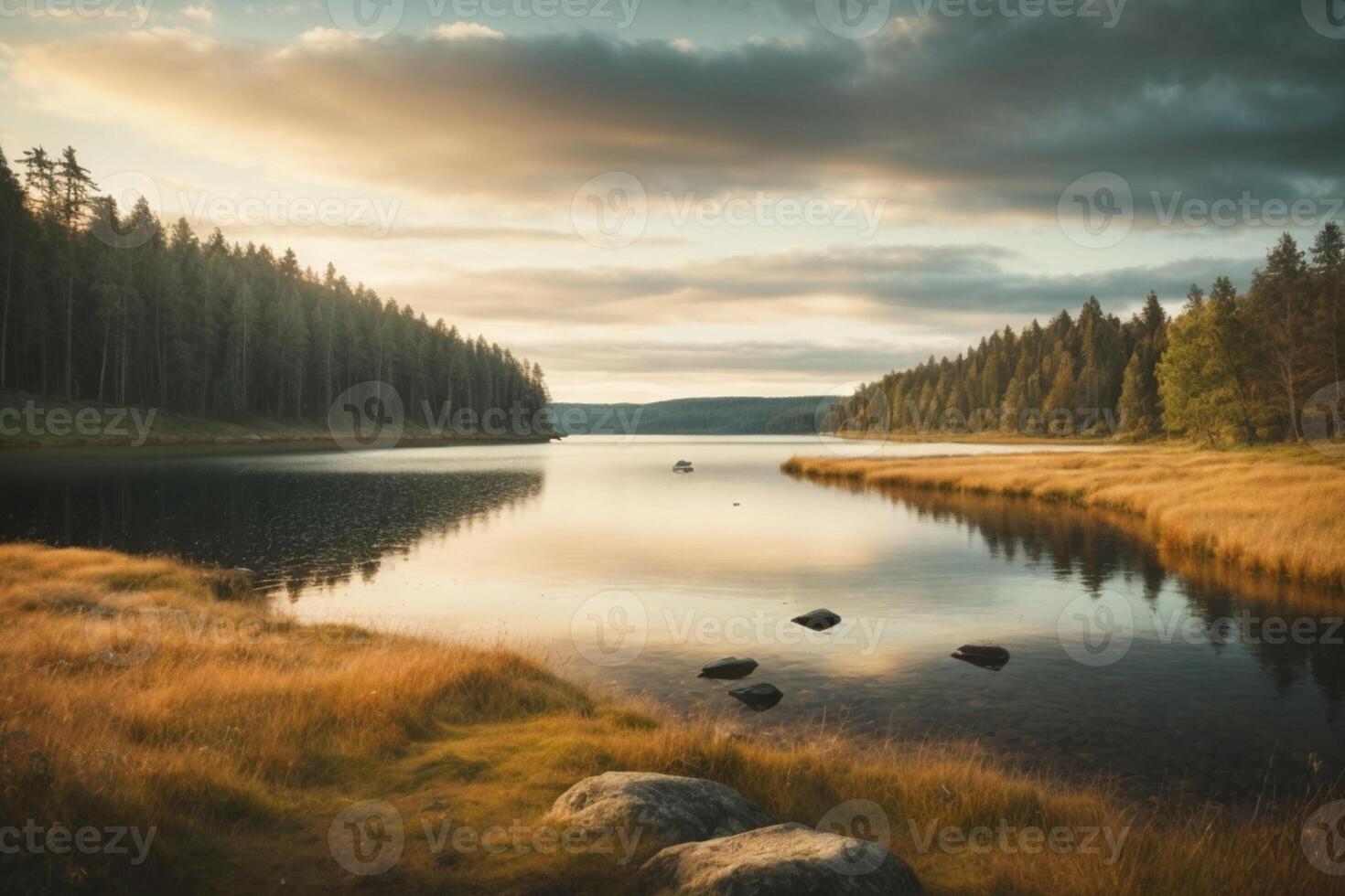 a lone tree stands on a small island in a lake photo