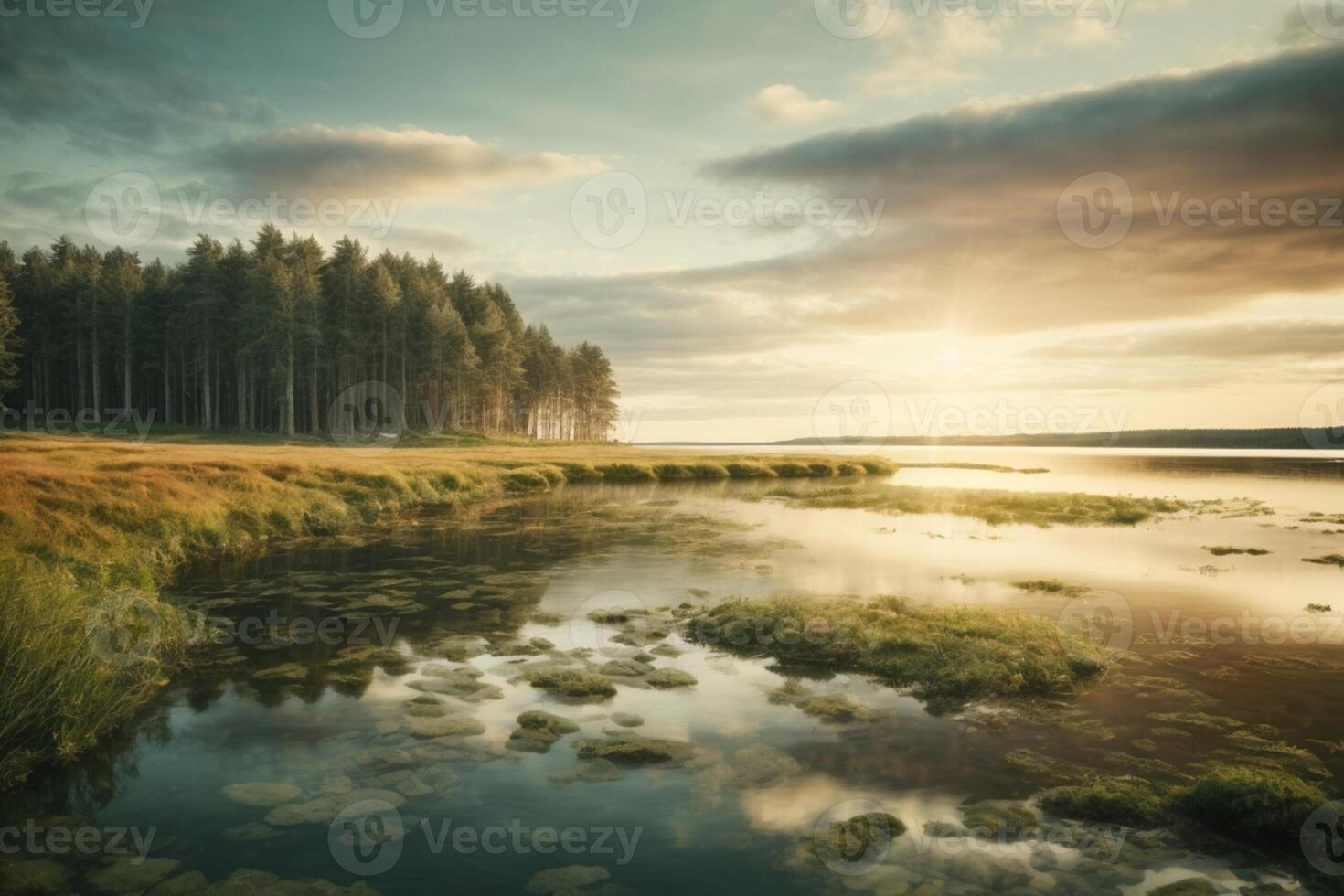 a river in the forest with fog and trees photo