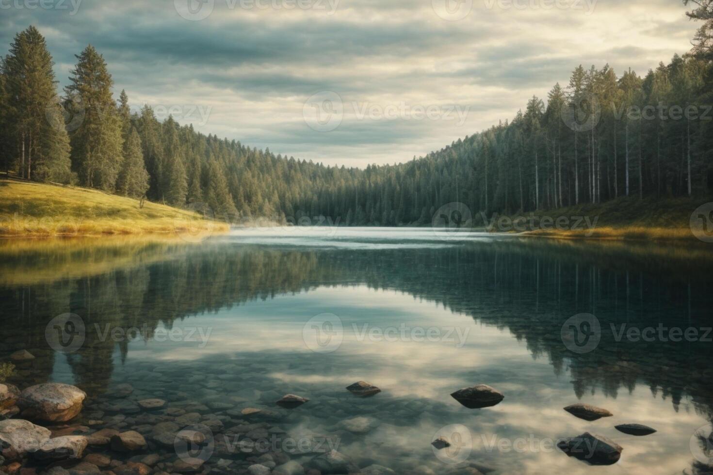 a river in the forest with trees and fog photo