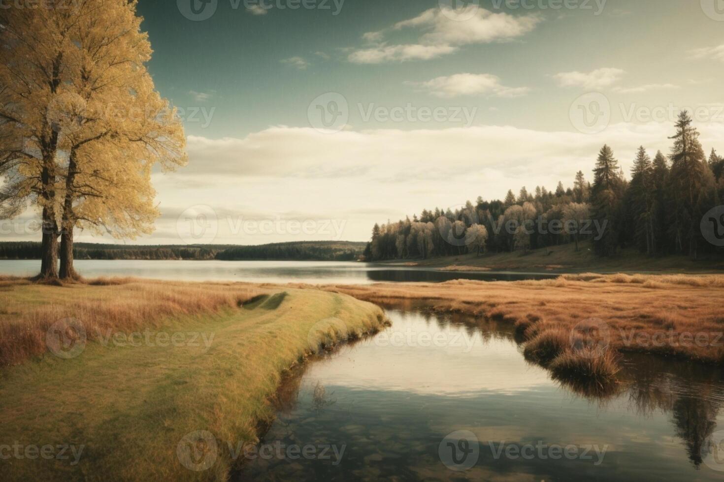 un río en el bosque con arboles y niebla foto