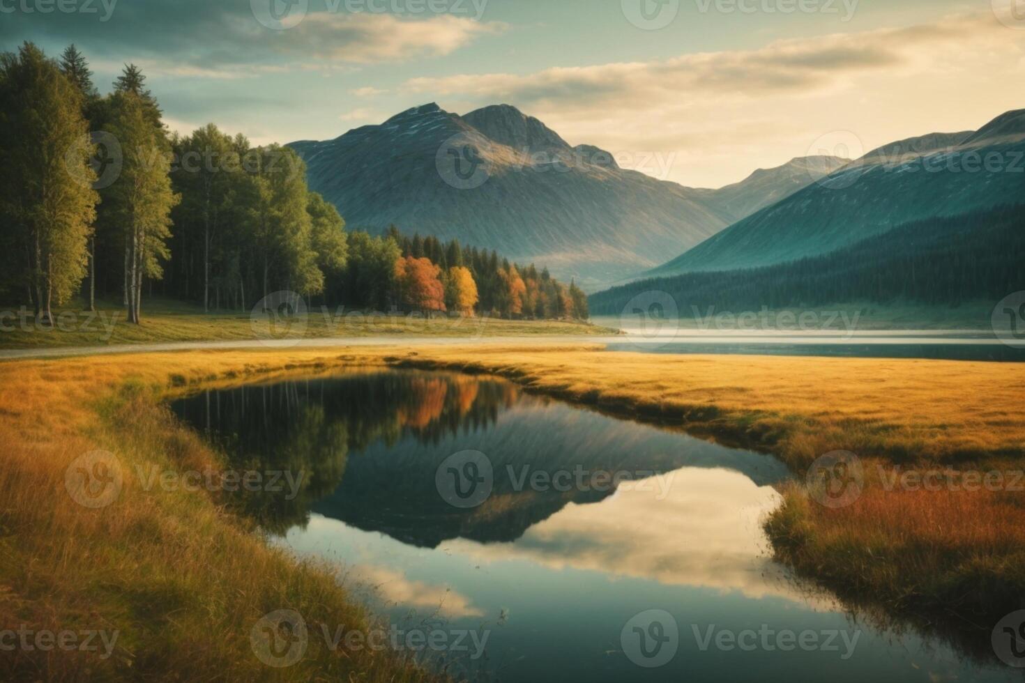 a river in the forest with trees and fog photo