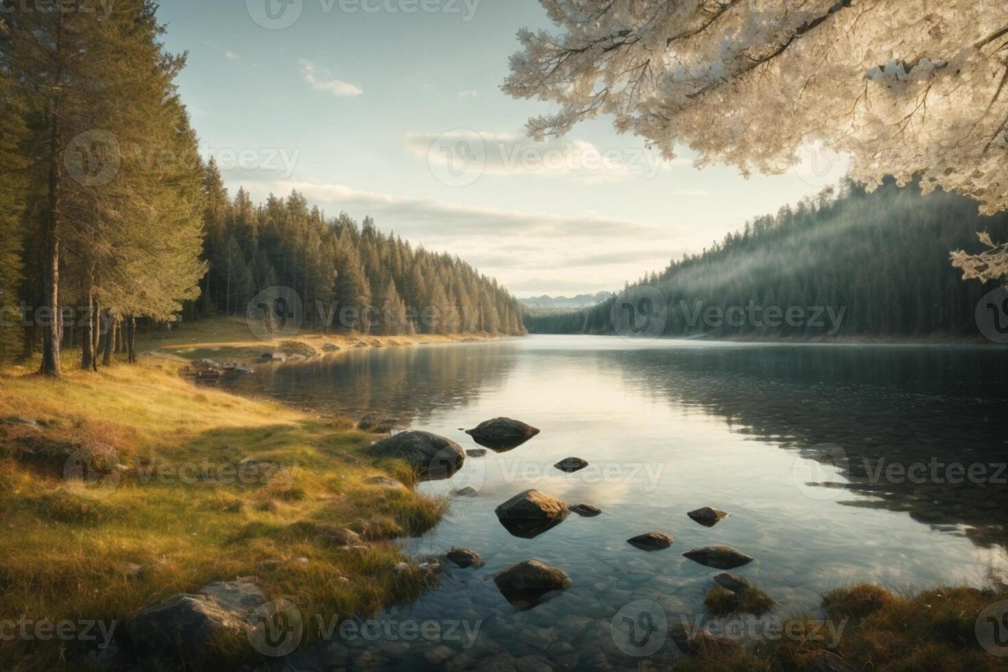 a lake surrounded by trees and grass photo