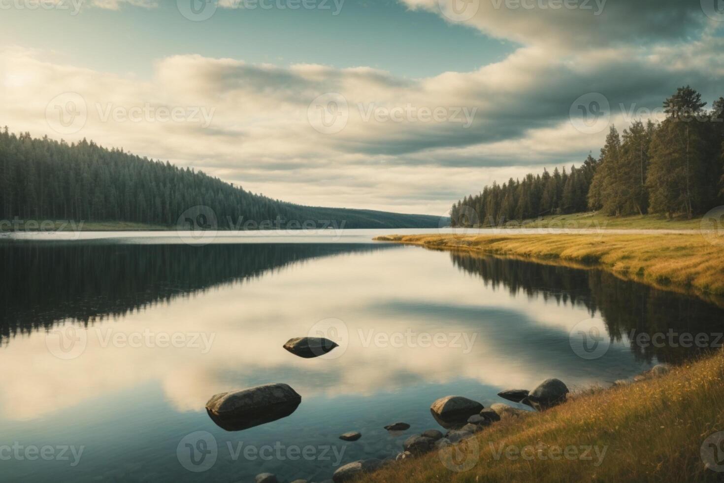 a lake surrounded by trees and grass photo