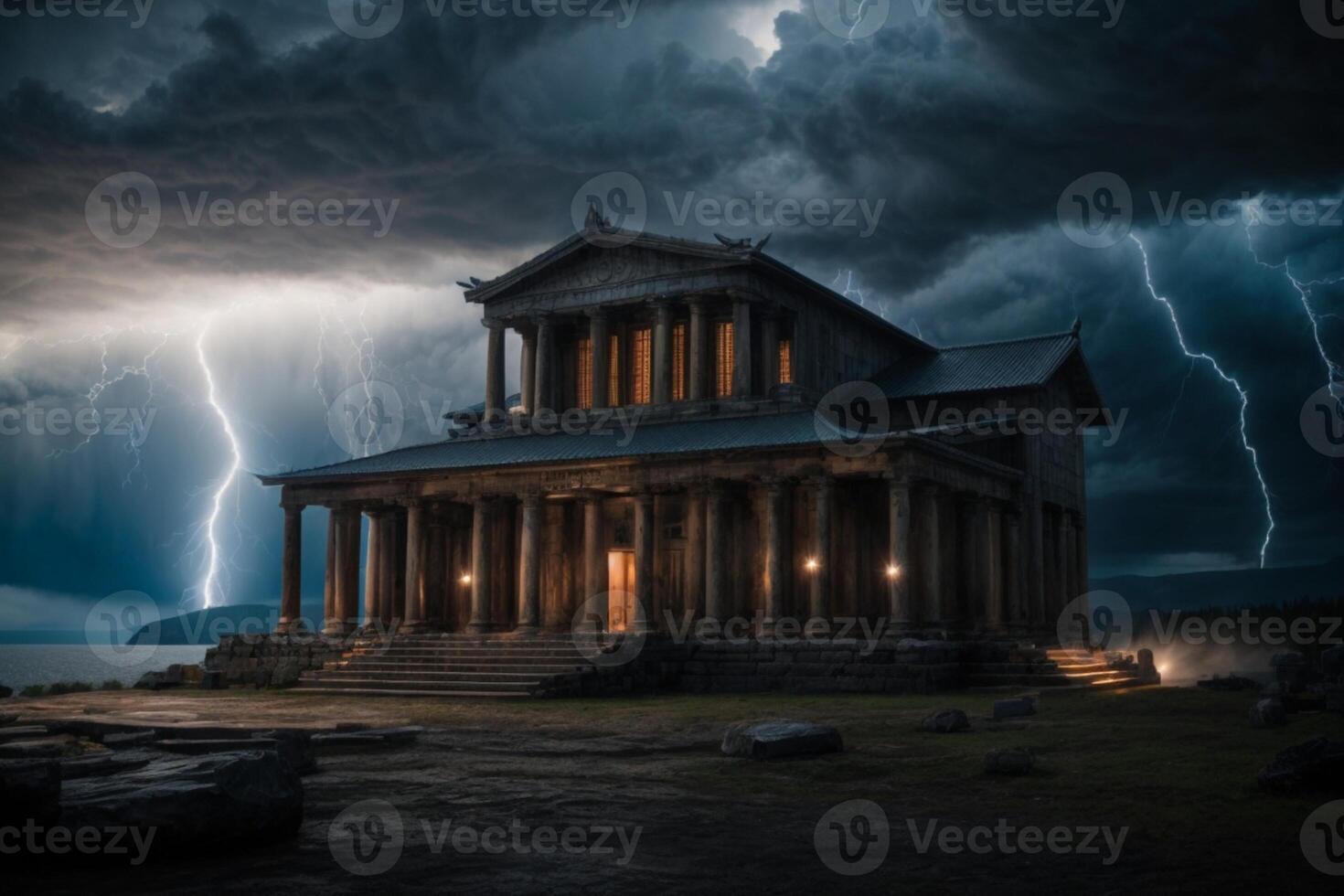 a stormy night with lightning and a house photo