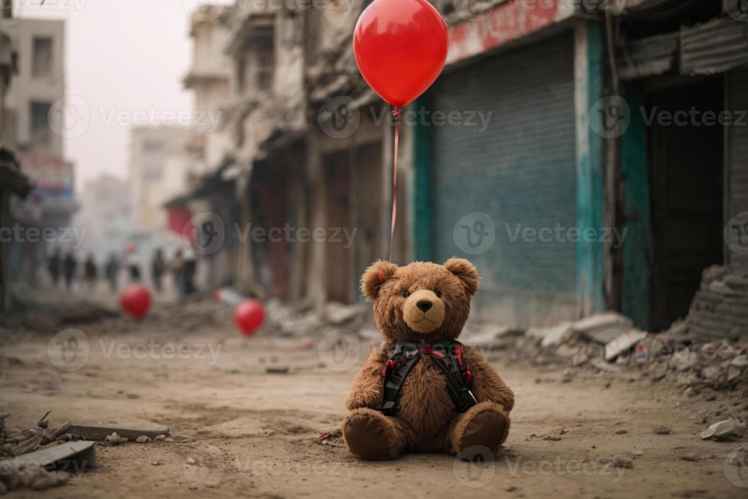 a teddy bear with a red balloon sits in a destroyed city photo