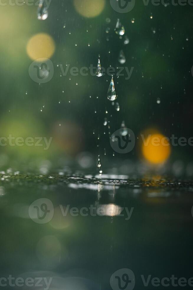 gotas de lluvia en un calle en el ciudad a noche foto