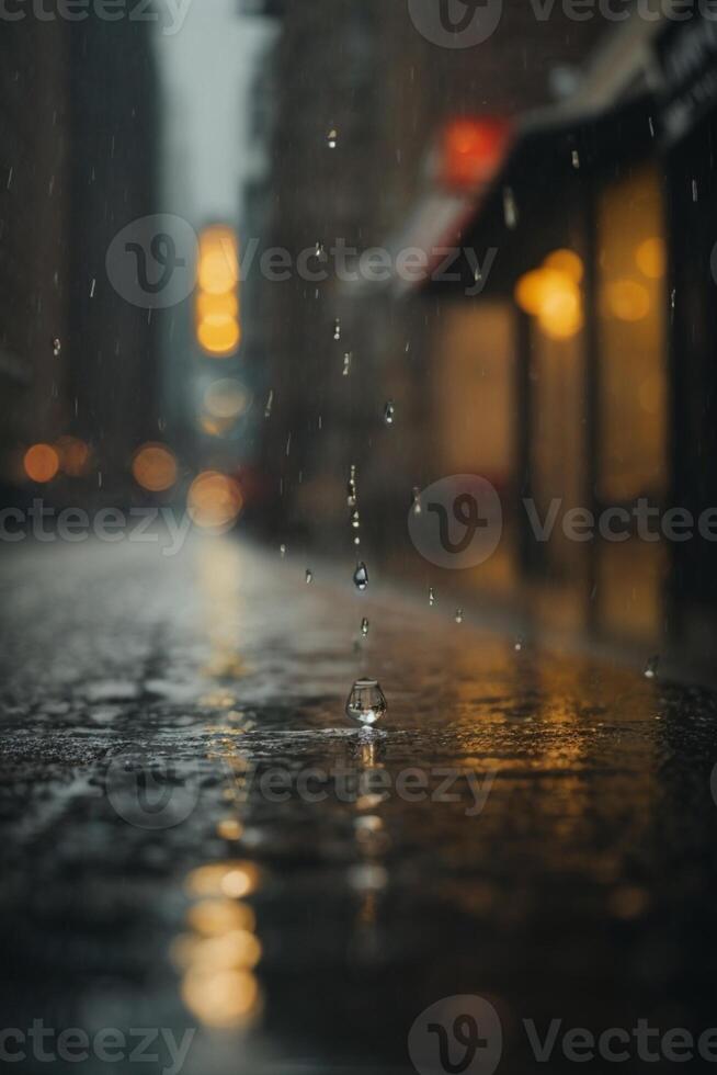gotas de lluvia en un calle en el ciudad a noche foto