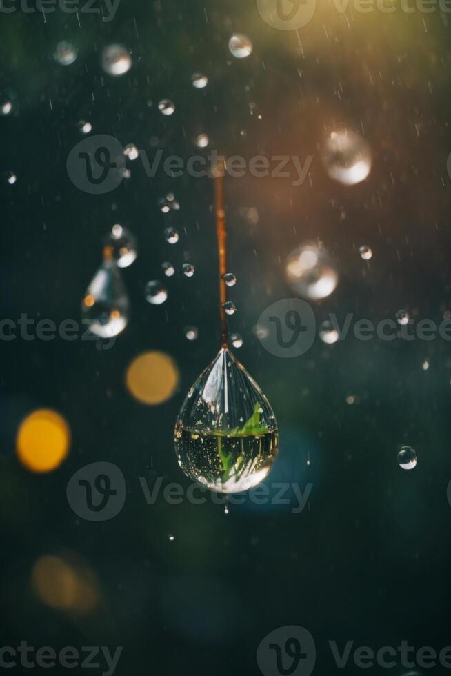 raindrops on a street in the city at night photo